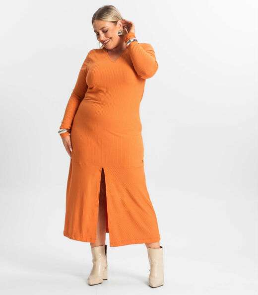 Vestido Midi Plus Size Manga Longa Secret Glam Laranja