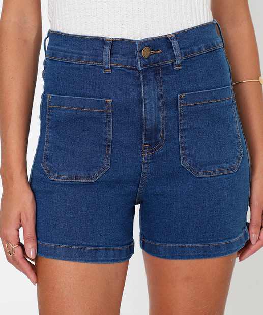 Short Jeans Feminino Bolsos Cintura Alta Azul