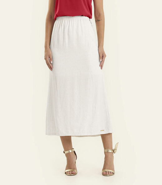 Saia Midi Feminina Listrado Lurex Rovitex Bege