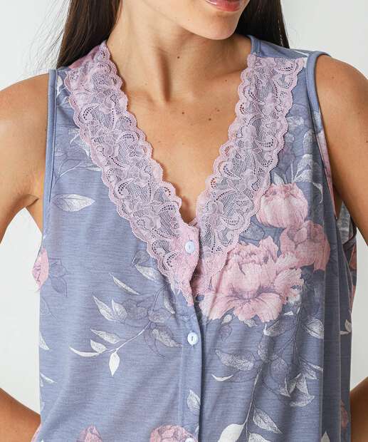 Camisola Renda Flores Sem Manga Marisa Azul