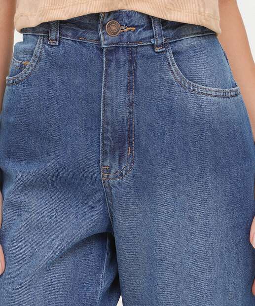 Calça Jeans Wide Leg Bolsos Feminina 