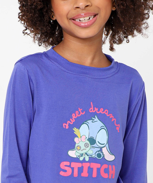 Pijama Infantil Manga Longa Stitch Tam 4 a 12 Lilás
