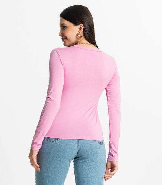 Blusa Manga Longa Decote V Básica Select Rosa