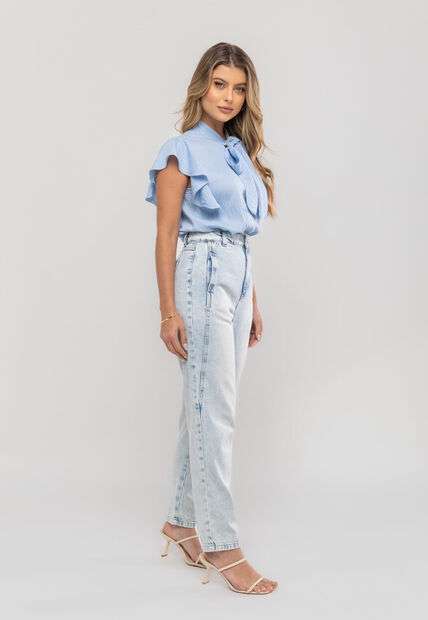 Blusa Feminina Com Laço na Gola e Manga Babado Azul Salvatore