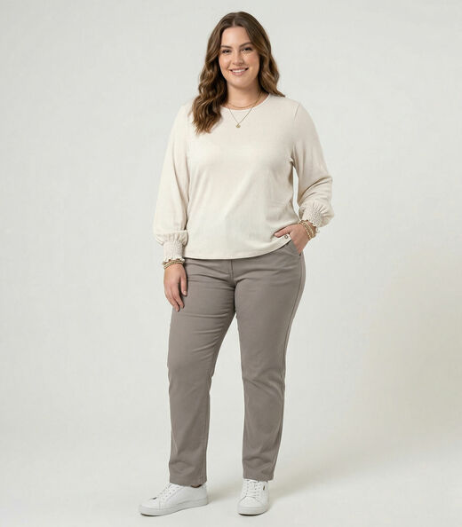 Blusa Manga Longa Lastex Plus Size Secret Glam Bege