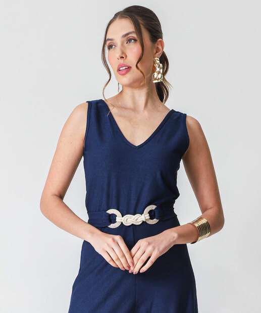 Macacão Feminino Pantalona Cinto Marisa Azul