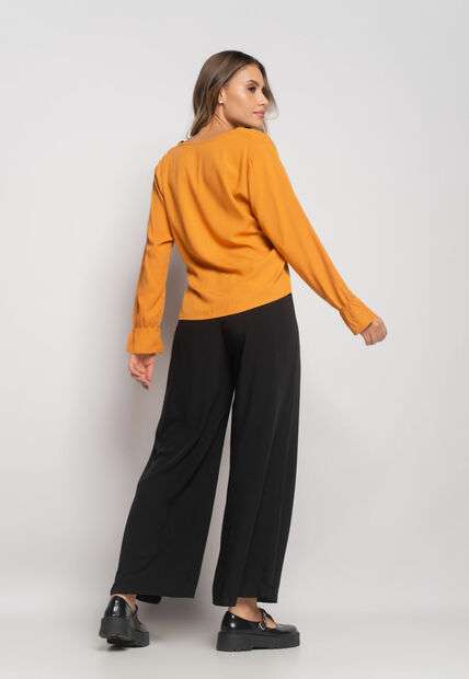 Blusa Gola V Manga Babado Viscolinho Mostarda Salvatore