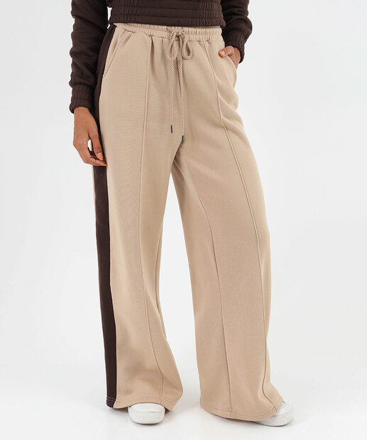Calça Moletom Wide Leg Feminina Recorte Marisa Bege