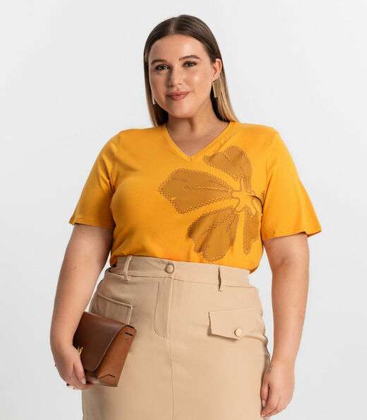 Image_Blusa Feminina Plus Size Manga Evasê Secret Glam Amarelo