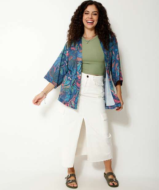 Kimono Feminino Estampado Lurex Manga 7/8 Marisa