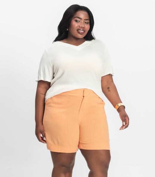 Image_Shorts Feminino Plus Size em Linho Secret Glam Laranja