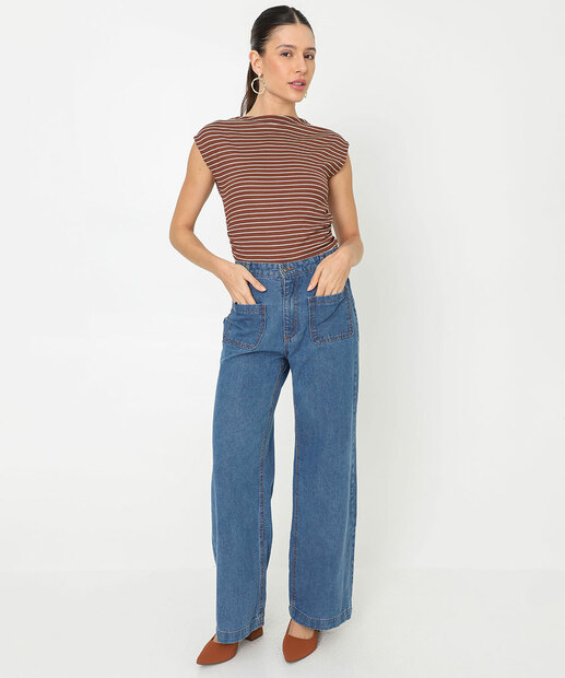 Blusa Feminina Muscle Listrada Franzido Marisa Marrom