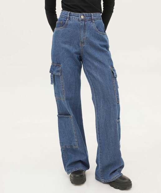 Calça Jeans Wide Leg Feminina Cargo