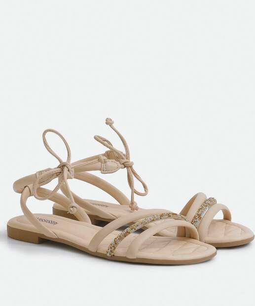 Sandália Feminina Rasteira Strass Amarração Mississipi