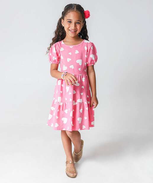 Image_Vestido Infantil Corações Manga Bufante Marisa Tam 4 a 10 Rosa