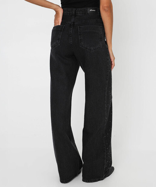 Calça Feminina Jeans Wide Leg Strass Sawary Preto