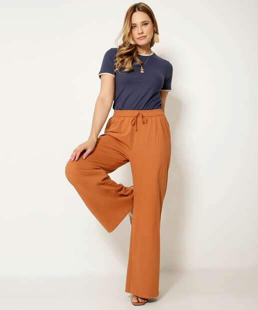 Calça Wide Leg Pantalona Feminina Textura Marisa