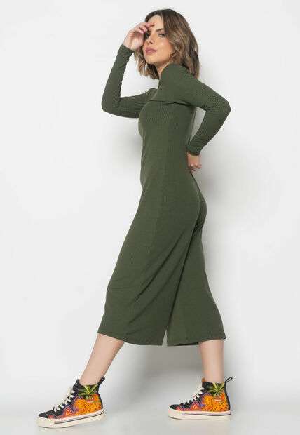 Macacão Manga Longa Pantacourt Canelado Verde Salvatore Fashion