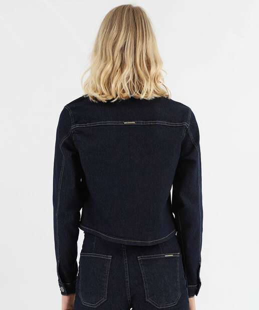 Jaqueta Cropped Feminina Jeans Bolso Sawary Azul