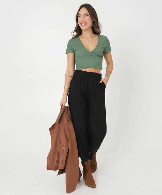 Blusa Cropped Feminina Transpassado Manga Curta Marisa