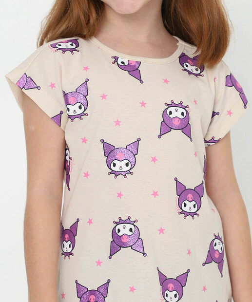 Blusa Infantil Estampa Brilho Kuromi Tam 4 a 10 Bege