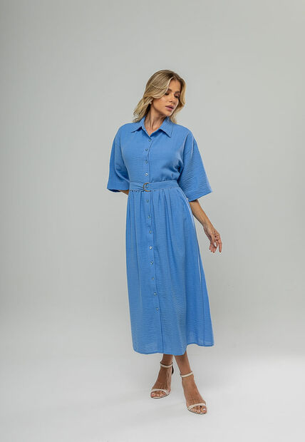 Vestido Midi Chemise Com Cinto Azul Salvatore