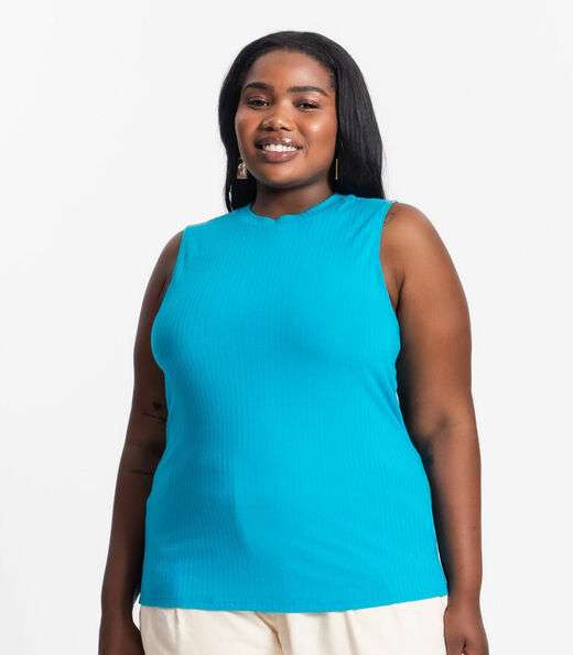 Regata Plus Size Em Ribana Canelada Secret Glam Azul