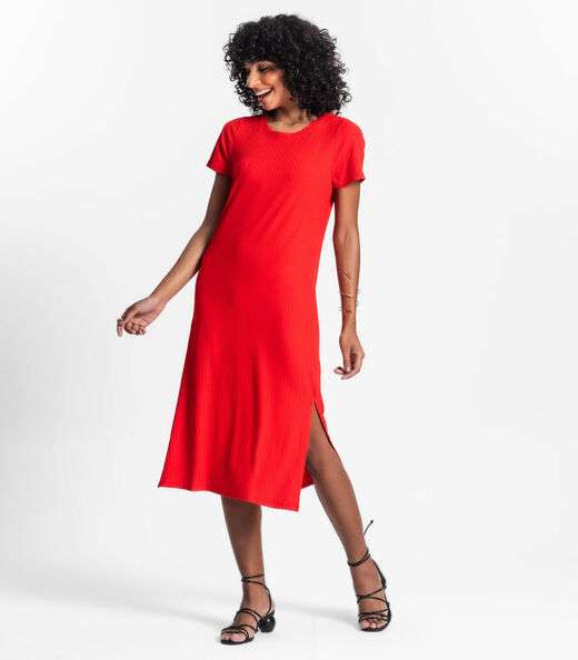 Vestido Midi Ribana Canelada Básico Rovitex Laranja