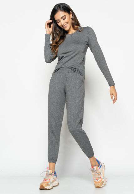 Blusa  Básica Manga Longa e Gola Redonda Malha Grafite