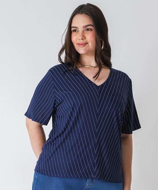 Image_Blusa Plus Size Feminina Listrada Manga Curta Marisa Azul