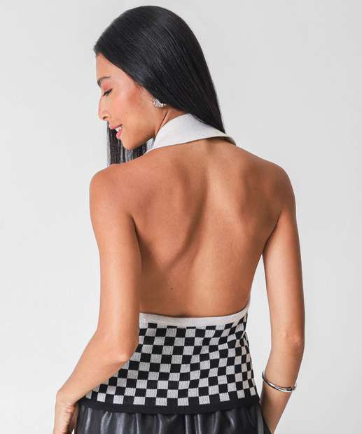 Blusa Feminina Frente Única Xadrez Marisa Preto