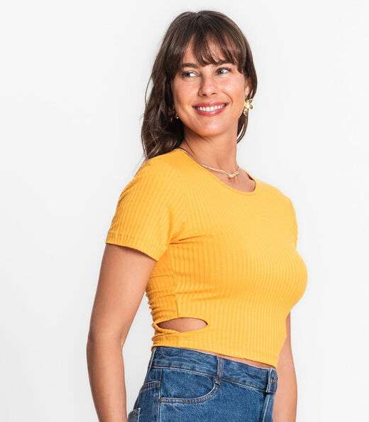 Blusa Decote Redondo Em Ribana Canelada Rovitex Amarelo