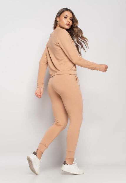 Conjunto De Moletinho Com Casaco Gola Canoa E Calça Jogger Bege Salvatore Fashio