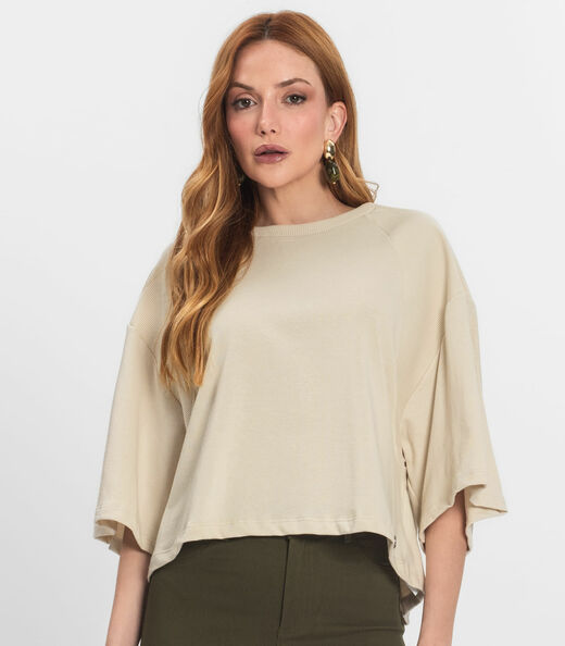 T- Shirt Feminina em Malhão e Ribana Endless Bege