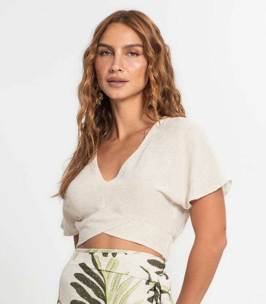 Blusa Cropped Feminina Em Linho Endless Bege
