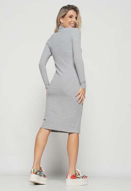 Vestido  Midi Manga Longa Canelado Mescla