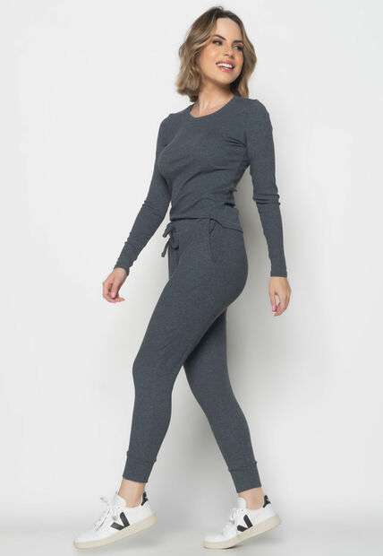 Conjunto  Comfy Com Blusa Manga Longa e Jogger Canelada Grafite Salvatore Fashio