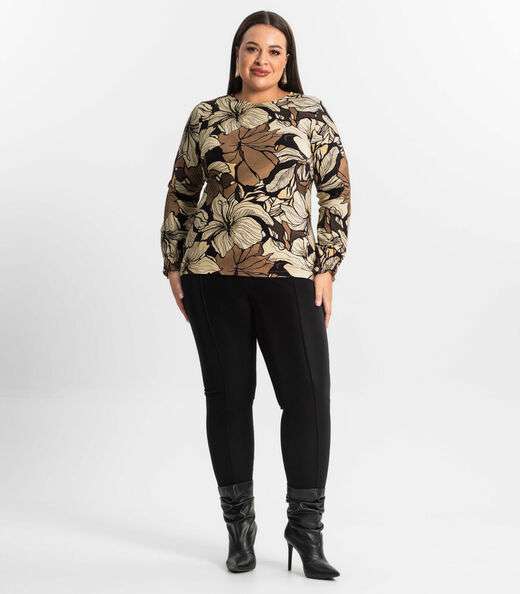 Blusa Plus Size Manga Longa Feminina Secret Glam Marrom