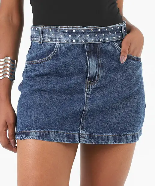 Saia Jeans Feminina Bolsos Cinto Tachas Azul