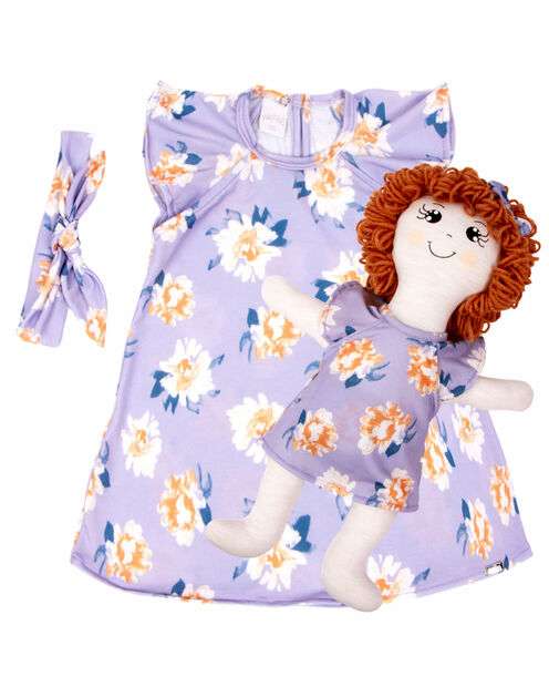 Vestido Bebe Infantil Com Boneca De Pano Kit com Faixa de Cabeça - Lilas
