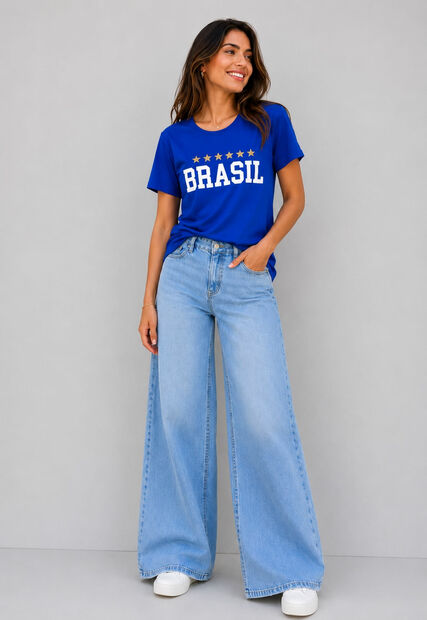 Blusa Brasil Malha Comfy Manga Curta Azul Salvatore