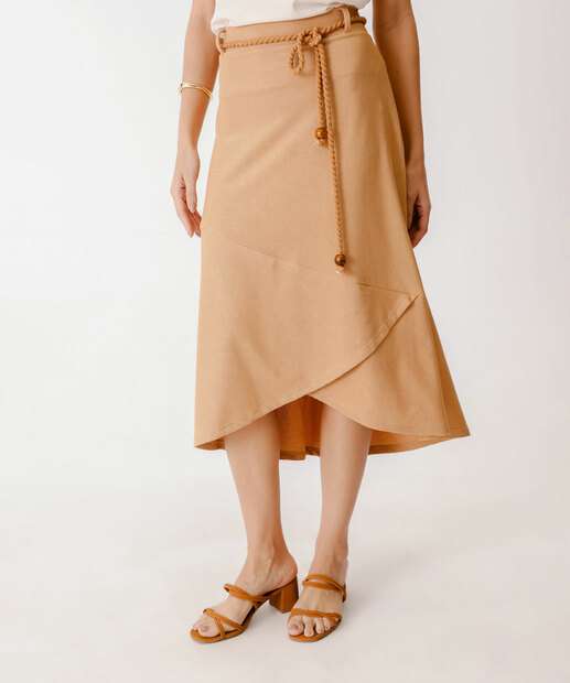 Saia Midi Feminina Assimétrica Cinto Marisa Caramelo