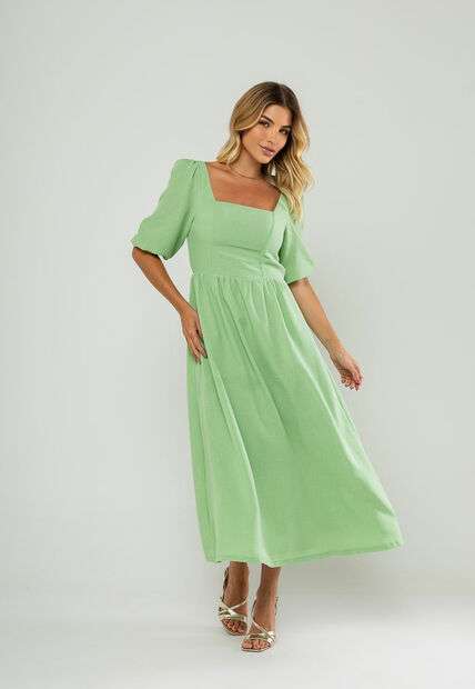 Vestido Longo Com Decote Reto E Manga Bufante 3/4 Verde Salvatore