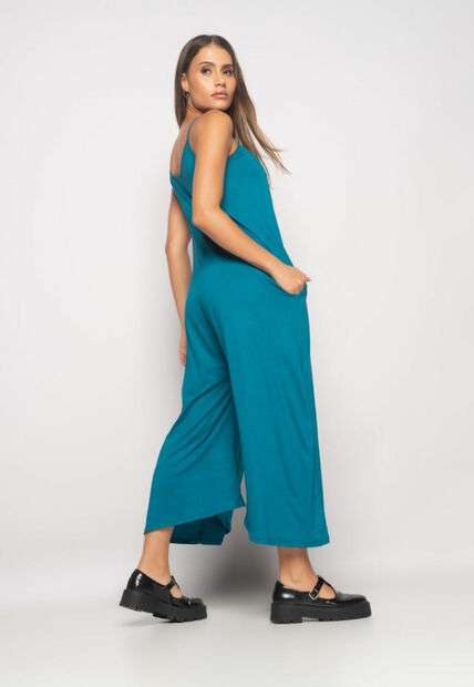 Conjunto Macacão Pantalona e Kimono Malha Azul Salvatore