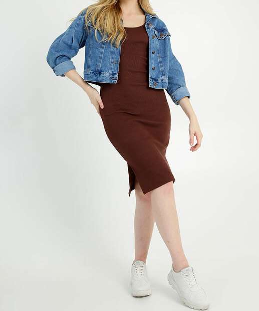 Vestido Midi Feminino Canelado Fenda Alças Largas Marisa