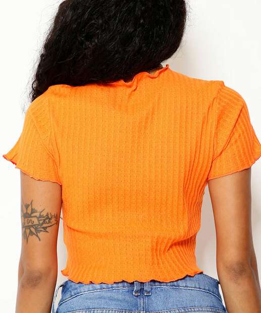 Blusa Cropped Feminina Gola Alta Manga Curta 