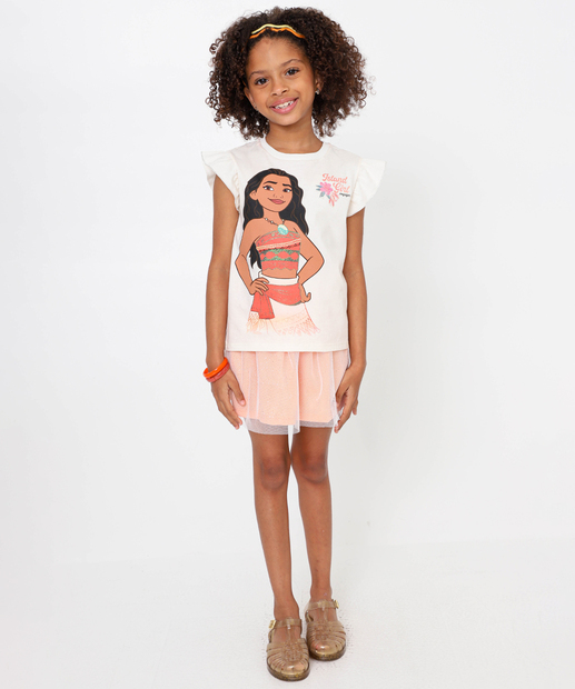 Conjunto Infantil Estampa Moana Disney Tam 4 a 10 Off White