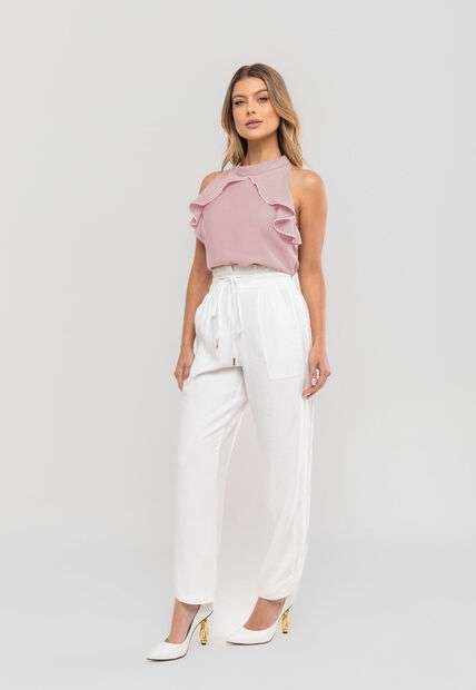 Regata Feminina Com Babado e Gola Alta Em Viscolinho Rosa Salvatore