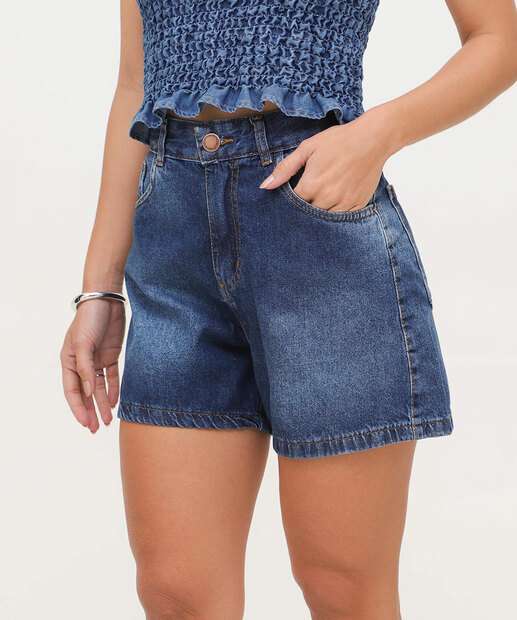 Short Feminino Jeans Bolsos Cintura Alta 