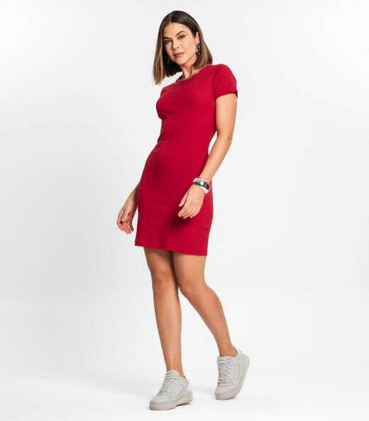 Vestido Acinturado Em Ribana Canelada Rovitex Vermelho